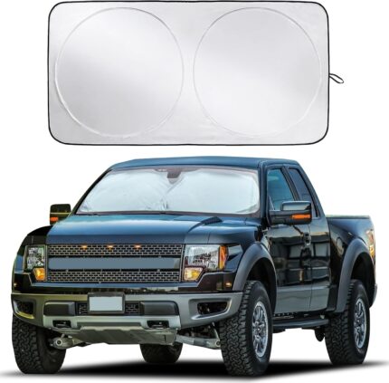 EcoNour Truck Windshield Sun Shade with Storage Pouch | Reflective 240T Material Sun Shield for UV & Heat Protection | Foldable Windshield Cover | Must-Have Truck Accessories | X-Large (69″x35″)