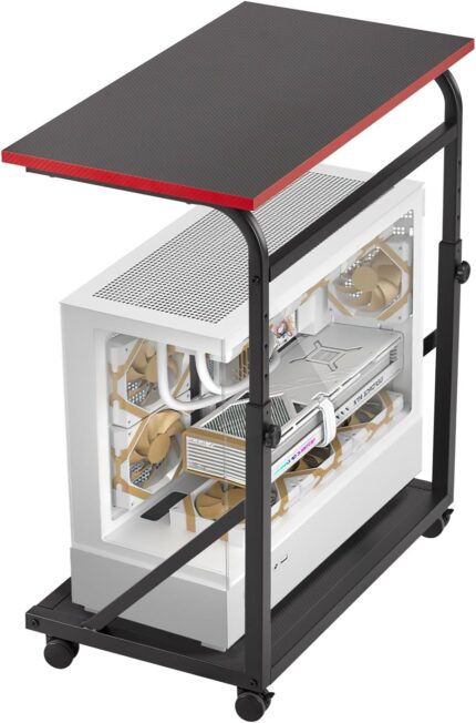 Ergonomic Height Adjustable Computer Tower Stand, 2-Tier CPU Holder Cart Under Desk, PC Floor Stand for Office Gaming Black and RED