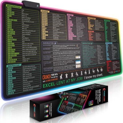 Excel Shortcut Keys LED Mouse Pad – Colorful RGB Luminous Extended Large Cheat Sheet Gaming Mousepad| PC Office Spreadsheet Keyboard Mat| Non-Slip Stitched Edge