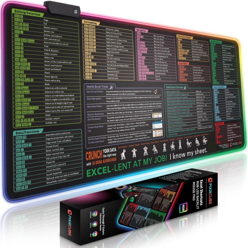 Excel Shortcut Keys LED Mouse Pad - Colorful RGB Luminous Extended Large Cheat Sheet Gaming Mousepad| PC Office Spreadsheet Keyboard Mat| Non-Slip Stitched Edge