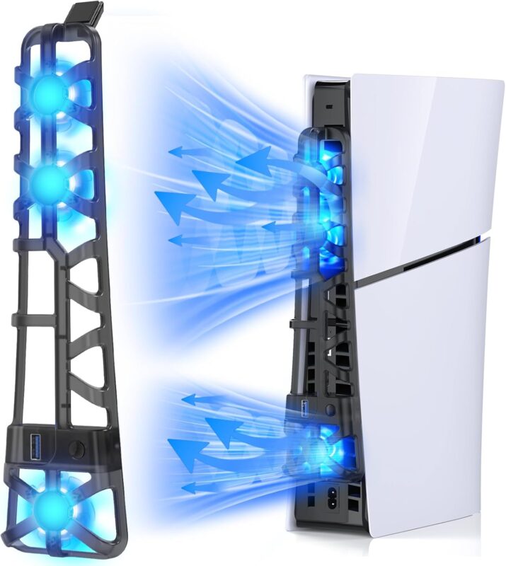 FASTSNAIL Cooling Fan for PS5 Slim Console, Quiet Cooling System with Memory Function and LED Light, Cooler Accessories with 3 High-Speed Fans & USB 3.0 Port for New PlayStation 5 Slim