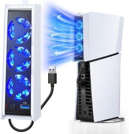 FASTSNAIL Cooling Fan for PS5 Slim Digital/Disc, Auto Speed Adjustable by Temperature Sensor, 2 Fan Speed Manual & USB 3.0 Hub & LED Light, Cooler System Accessories for PS5 Slim Console