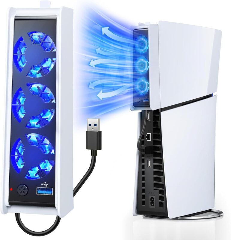 FASTSNAIL Cooling Fan for PS5 Slim Digital/Disc, Auto Speed Adjustable by Temperature Sensor, 2 Fan Speed Manual & USB 3.0 Hub & LED Light, Cooler System Accessories for PS5 Slim Console