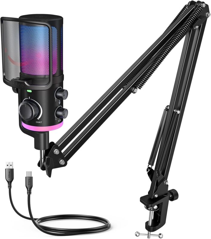FIFINE USB Streaming Microphone Kit for Gaming, Condenser Mic with RGB, Noise Cancellation, Game/Chat Dial-Plug & Play for PC Twitch/YouTube/Podcast, Includes Boom Arm & Pop Filter-AmpliGame AM6T
