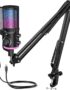 FIFINE USB Streaming Microphone Kit for Gaming, Condenser Mic with RGB, Noise Cancellation, Game/Chat Dial-Plug & Play for PC Twitch/YouTube/Podcast, Includes Boom Arm & Pop Filter-AmpliGame AM6T