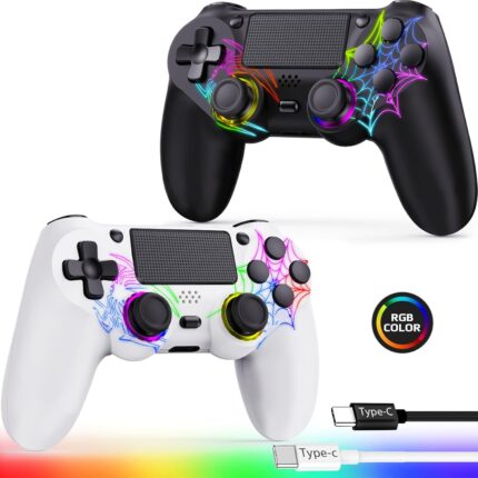Fanyooge Controller for PS4, 2 Pack Spider Pattern RGB Controller for Ps4 with Hall Effect Joystick/1000mAh Battery/USB C/Dual Vibration/6-Axis Gyro/3.5mm Audio Jack