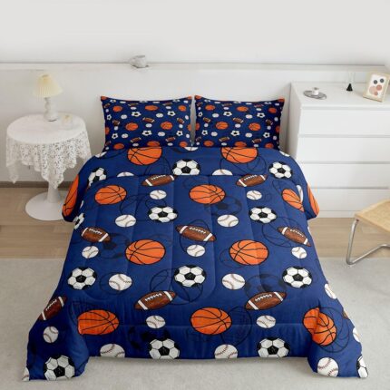 Feelyou Boys Bedding Set for Boys Girls, Sports Comforter Set King Size Football Baseball Basketball Soccer Duvet Quilt Microfiber Ball Game Bedroom Decor 3 Pcs with 2 Pillow Cases