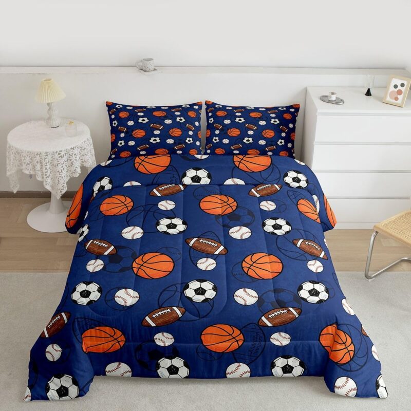 Feelyou Boys Bedding Set for Boys Girls, Sports Comforter Set King Size Football Baseball Basketball Soccer Duvet Quilt Microfiber Ball Game Bedroom Decor 3 Pcs with 2 Pillow Cases