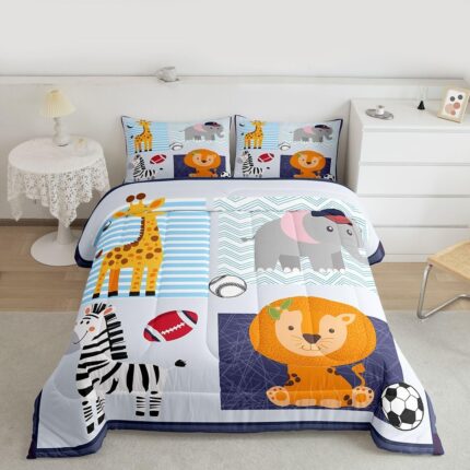Feelyou Cute Animal Nursery Bedding Set Soft for Boys Girls, Cartoon Lion Giraffe Comforter Set King Size Zoo Animal Duvet Quilt Wildlife Ball Game Bedroom Decor 3 Pcs with 2 Pillow Cases