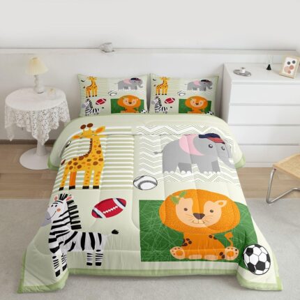 Feelyou Cute Animal Nursery Comforter Set King Size Cartoon Lion Giraffe Bedding Set for Kids Boys Girls Zoo Animal Duvet Quilt Wildlife Ball Game Bedroom Decor 3 Pcs with 2 Pillow Cases