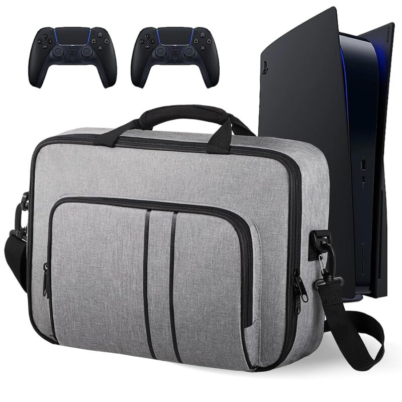 For PS5 Carrying Case，Portable Protective Travel Storage Bag with Thick Padding Compatible for PS5 Digital Edition Console, for PS5 Controller, Game Discs, Charger & Accessories，Grey