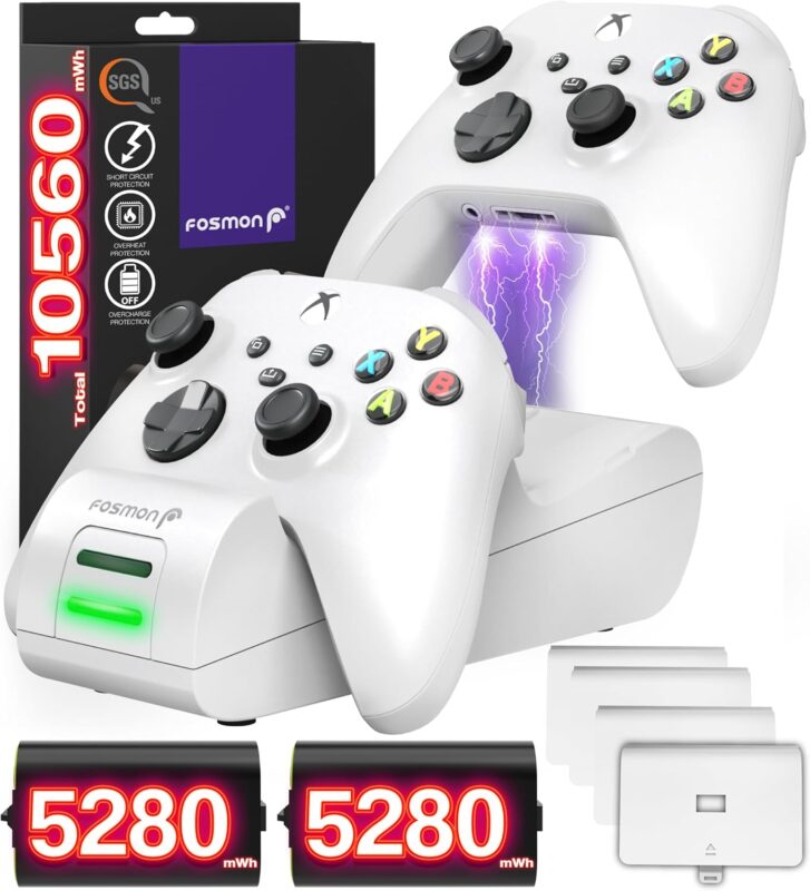 Fosmon Fast Charging for Xbox Controller Charger Station for Xbox Series X | S, Xbox One, Elite w/ 2X 5280mWh Rechargeable Battery Packs, 4 Covers & Dock Stand - White