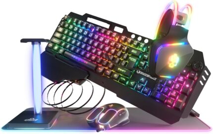 GAME PUNK 6-Piece Codebreakers RGB Gaming Bundle – Mechanical Keyboard, RGB Mouse & XL Mousepad USB Hub, Gaming Headset w/Stand, RGB Light Strip – PC Game Accessories for Desktop & Laptop