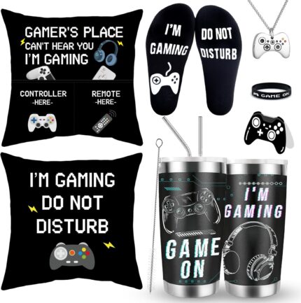 GOAUS Gamer Gifts Set, Gaming Socks, 20 oz Tumbler, Pillow Cover 18×18 inch, Necklace, Bracelet, Gift Card for Teen Boys Men Teenagers Him
