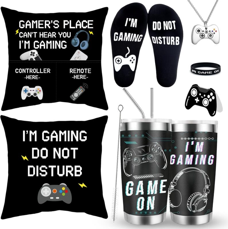 GOAUS Gamer Gifts Set, Gaming Socks, 20 oz Tumbler, Pillow Cover 18x18 inch, Necklace, Bracelet, Gift Card for Teen Boys Men Teenagers Him