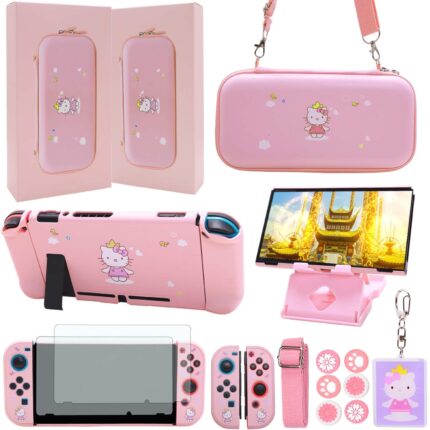 GUTIAL Accessories Bundle for Nintendo Switch – Cute Kawaii NS Accessories kit for Grils Boys Kids with Travel Carrying Case and Cartoon Dockable Protective Cover Case, Screen Protector, Stand – Pink