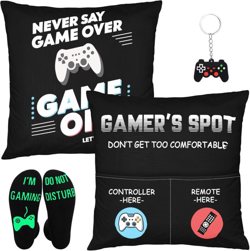 Gamer Gifts for Teenage Boys Men, Gaming Accessories for Room, for Gamers, Game Room Decor, Gaming Pillow Case and Gaming Socks for Teen Boys Men Son Husband Boyfriend (black-2pocket 1)