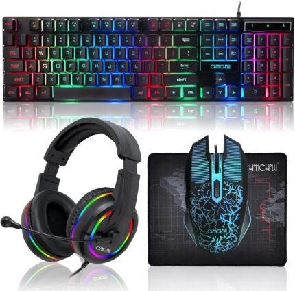 Gaming LED Keyboard Mouse Headset and Mousepad Bundle, CHONCHOW Wired Rainbow LED Light Up Gaming Keyboard Mouse Headset, Value 4 in 1 Game Set for Xbox PS4 PS5 PC Laptop Gamer