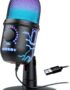 Gaming Microphone, USB Computer Microphone for PC, Mac, PS4/5, Condenser Podcast Mic for Studio Recording, YouTube, Streaming, with Headphone Jack, Led Light, Mute, Gain, Noise Cancellation