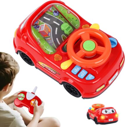 Gifts2U 2-in-1 Toddler RC Racing Adventure Car Steering Wheel Toy, Vehicle Sound Turn Signal Simulated for 18+ Months Baby Learning, Driving Cars Competition Game Toys Birthday Gift for Boy Girl