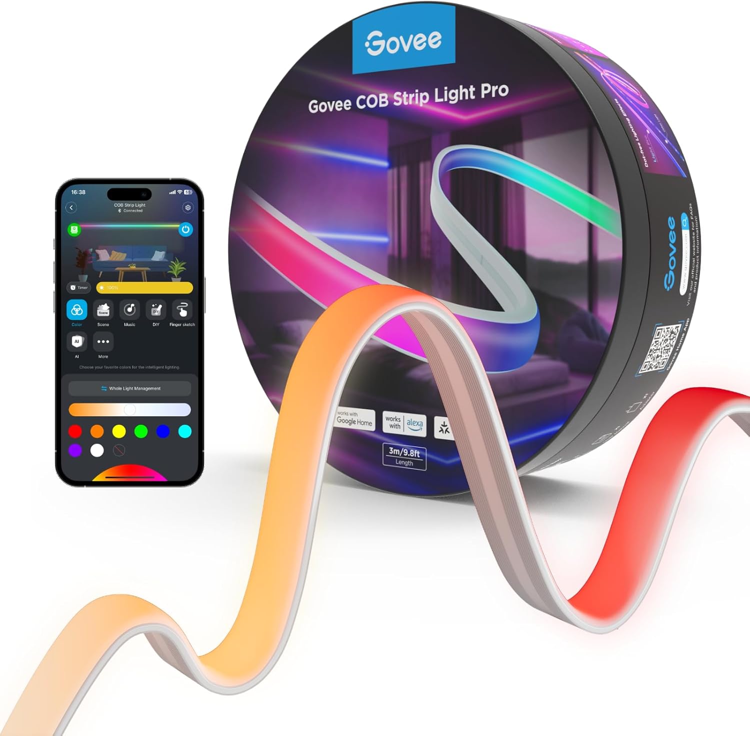 Govee COB LED Strip Light Pro, LED Lights for Bedroom Compatible with Alexa, Google Assistant and Matter, RGBICW Light with Warm White, Smart Strip Light, LED Lights for Bedroom, Color Changing, 9.8ft Govee COB LED Strip Light Pro, LED Lights for Bedroom Compatible with Alexa, Google Assistant and Matter, RGBICW Light with Warm White, Smart Strip Light, LED Lights for Bedroom, Color Changing, 9.8ft