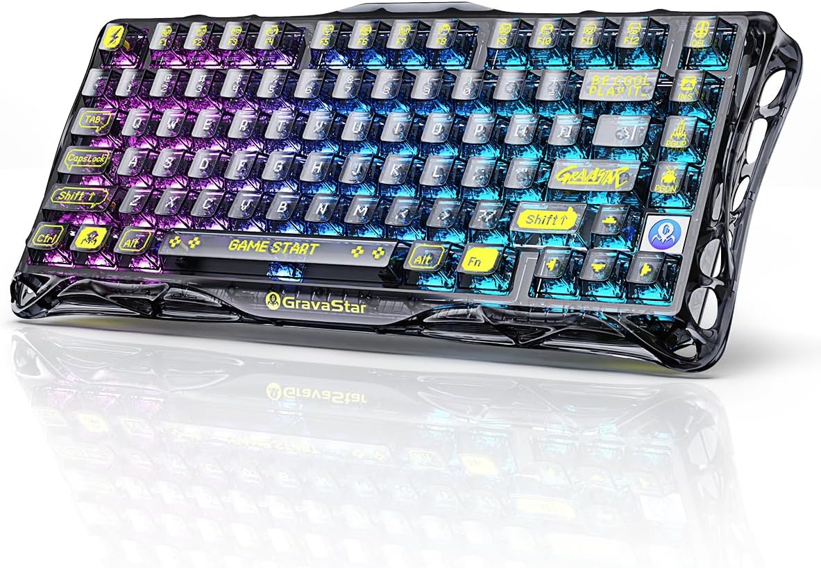 GravaStar Mercury K1 Lite 75% Gaming Keyboard, 2.4GHz/BT/Wired Tri-Mode Wireless Keyboard, Gasket Hot Swappable Mechanical Keyboard, Pre-lubed Linear Switches, RGB Backlit (Transparent Black) GravaStar Mercury K1 Lite 75% Gaming Keyboard, 2.4GHz/BT/Wired Tri-Mode Wireless Keyboard, Gasket Hot Swappable Mechanical Keyboard, Pre-lubed Linear Switches, RGB Backlit (Transparent Black)