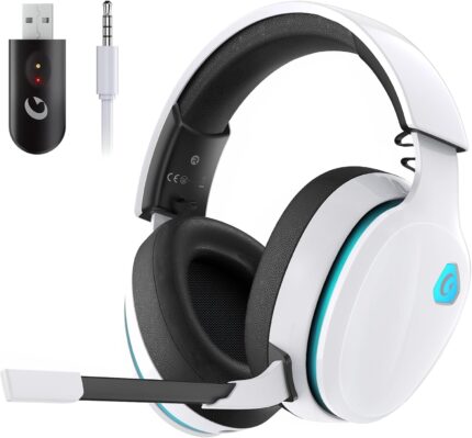 Gtheos 2.4GHz Wireless Gaming Headset for PS5, PS4 Fortnite & Call of Duty/FPS Gamers, PC, Nintendo Switch, Bluetooth 5.3 Gaming Headphones with Noise Canceling Mic, Stereo Sound, 40+Hr Battery -White