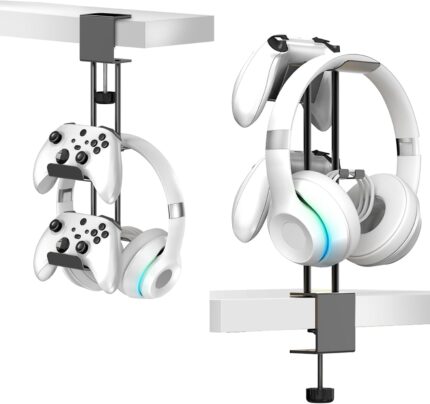 Headphone Stand with Controller Holder, Aluminum Under Desk Clamp Headset and Controller Stand – 2 in 1 Headphone Hanger for Desktop PC Gaming Accessories Organizer with PS5 Xbox Series S