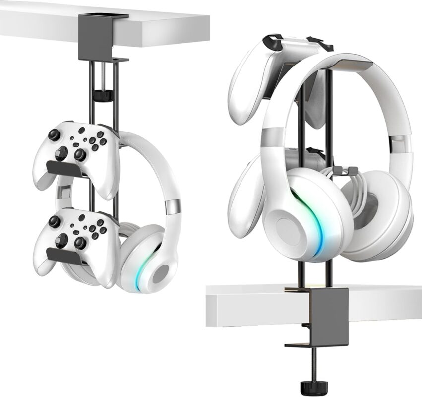 Headphone Stand with Controller Holder, Aluminum Under Desk Clamp Headset and Controller Stand - 2 in 1 Headphone Hanger for Desktop PC Gaming Accessories Organizer with PS5 Xbox Series S