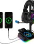 Headphone Stand with Wireless Charger Gaming Headset Holder 2 IN 1 Wireless Charging Pad & 2 USB Charger Ports for Desktop PC Game Accessories