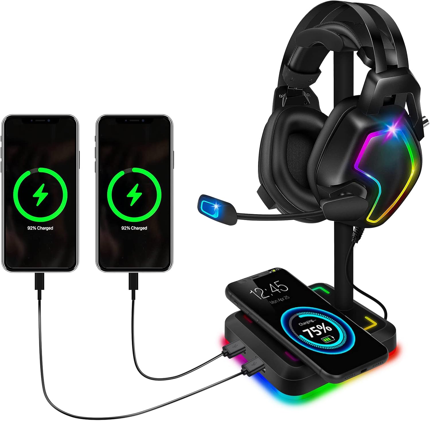 Headphone Stand with Wireless Charger Gaming Headset Holder 2 IN 1 Wireless Charging Pad & 2 USB Charger Ports for Desktop PC Game Accessories Headphone Stand with Wireless Charger Gaming Headset Holder 2 IN 1 Wireless Charging Pad & 2 USB Charger Ports for Desktop PC Game Accessories
