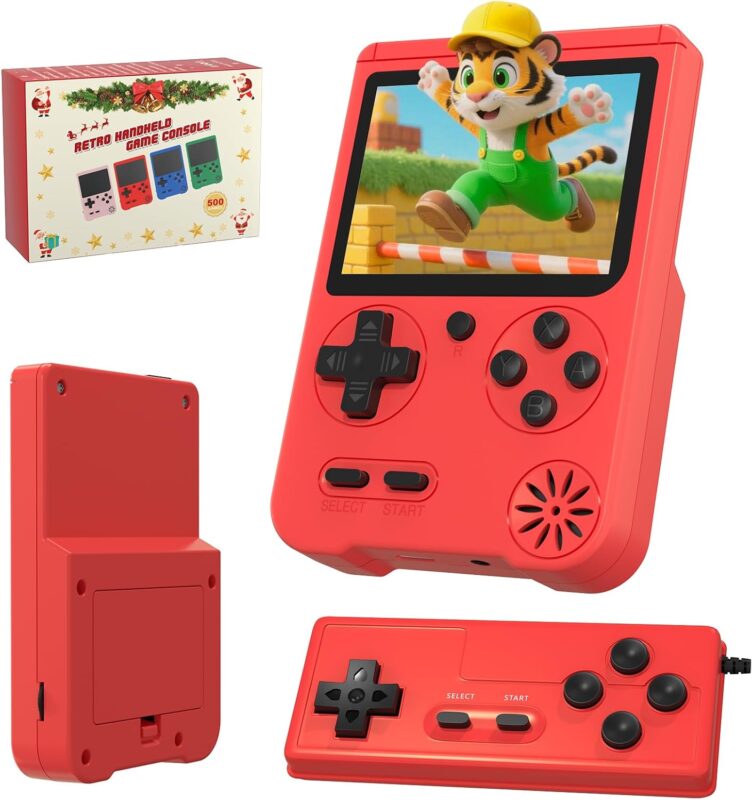 JKV Handheld Game Consoles - 500 Retro Classic Video Games, 1020mAh Rechargeable Battery 3.0" HD Screen, Portable Travel Games Mini Arcade Pocket Player, Support TV, Present for Kids & Adults (Red)