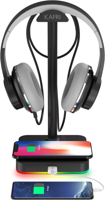 KAFRI RGB Headphone Stand with Wireless Charger Desk Gaming Headset Holder Hanger Rack with 10W/7.5W QI Charging Pad and QC 3.0 USB Port - Suitable for Gamer Desktop Table Game Earphone Accessories