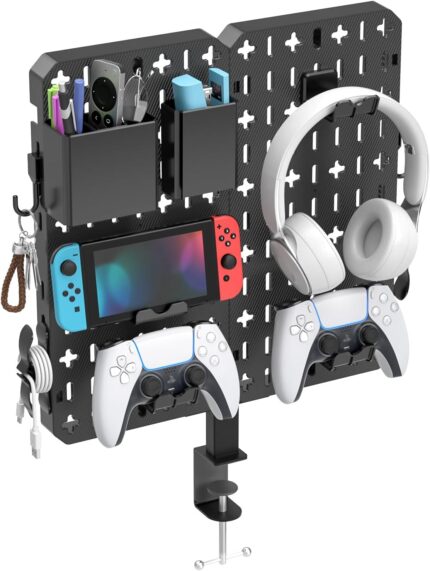 KDD 7 in 1 Clamp-on Desk Pegboard – No Drill Desk Side Storage with Phone Stand/Pen Holder/Storage Box/Headset & Controller Holder/Hooks, Detachable Gaming Pegboard for Office & Home Desktop Organizer