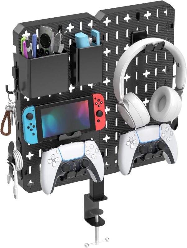 KDD 7 in 1 Clamp-on Desk Pegboard - No Drill Desk Side Storage with Phone Stand/Pen Holder/Storage Box/Headset & Controller Holder/Hooks, Detachable Gaming Pegboard for Office & Home Desktop Organizer