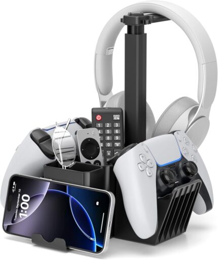 KDD Dual Controller Holder with Headphone Stand – Multi-Functional Desk Storage Box with Phone Holder – Universal Controller Stand with Desktop Organizer for Remote Control Pen Accessories