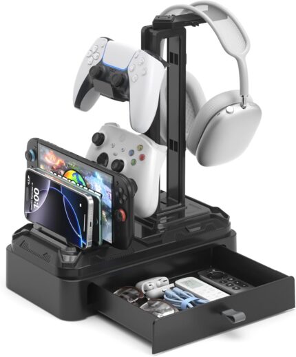 KDD Headphone Stand with Drawer – Rotatable Headset & Detachable Controller Holder for Desk – Multifunctional Organizer with Device Slot for Phones, Tablets – Universal for Gaming Accessories