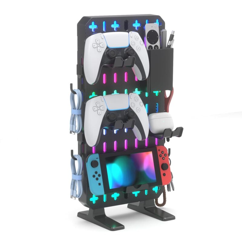 KDD RGB Desk Pegboard Organizer - Freestanding Peg Board for Desk with Controller & Headphone Holder, Storage Box and 5 Hooks - No Drill Desktop Pegboard for Gaming Accessories Setup, Office & Home