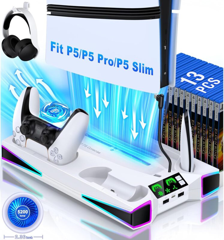 Kawaye PS5 Stand PS5 Cooling Station for Playstation 5/Pro/Slim Console, PS5 Accessories Vertical Stand with 2.36in Large P5 Fan Cooling Fan, RGB Light, Dual Controller Charger, Headset Holder, 3 Charger Port