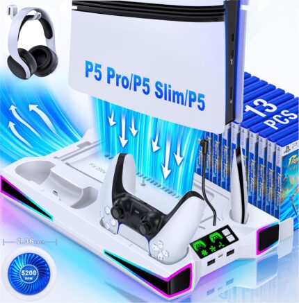 LIFUFUTEE PS5 Stand, PS5/Slim/Pro Cooling Station with 2.36in Cooling Fan, Controller Charger Station for PS5 Accessories, RGB Light, Headset Holder, 3 Charger Ports for PlayStation 5 Slim/Pro Console