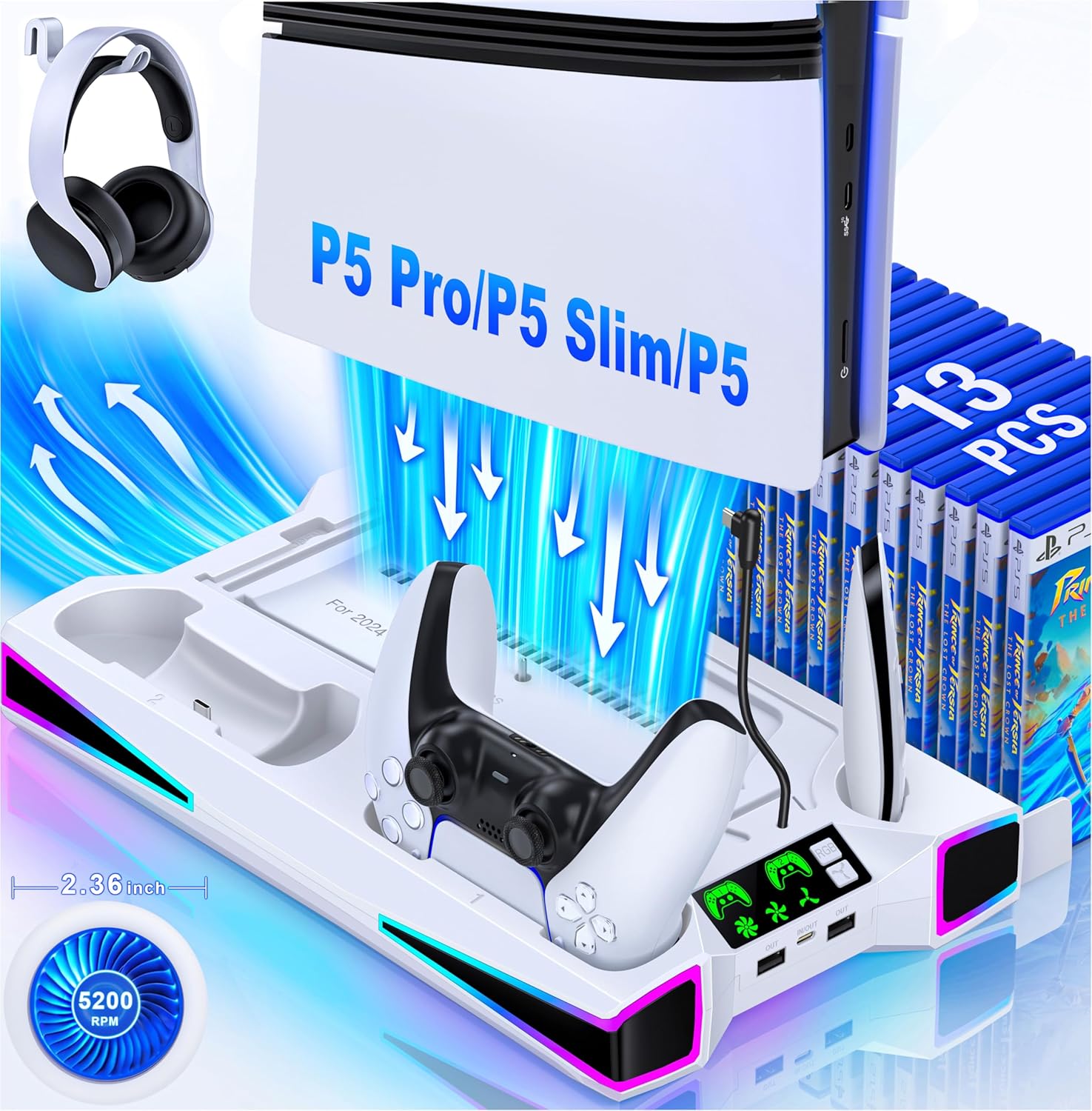 LIFUFUTEE PS5 Stand, PS5/Slim/Pro Cooling Station with 2.36in Cooling Fan, Controller Charger Station for PS5 Accessories, RGB Light, Headset Holder, 3 Charger Ports for PlayStation 5 Slim/Pro Console LIFUFUTEE PS5 Stand, PS5/Slim/Pro Cooling Station with 2.36in Cooling Fan, Controller Charger Station for PS5 Accessories, RGB Light, Headset Holder, 3 Charger Ports for PlayStation 5 Slim/Pro Console
