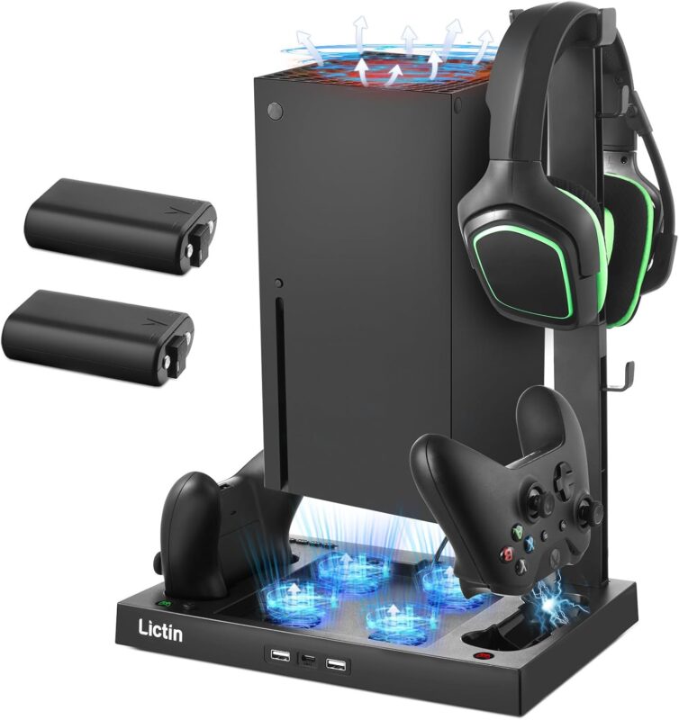 Lictin Cooling Fan Charging Station for Xbox Series X Console & Controller, Upgraded 4 Cooler Fan System Stand, Vertical Dual Charger Station Dock Accessories with 2 x 1400mAh Rechargeable Battery