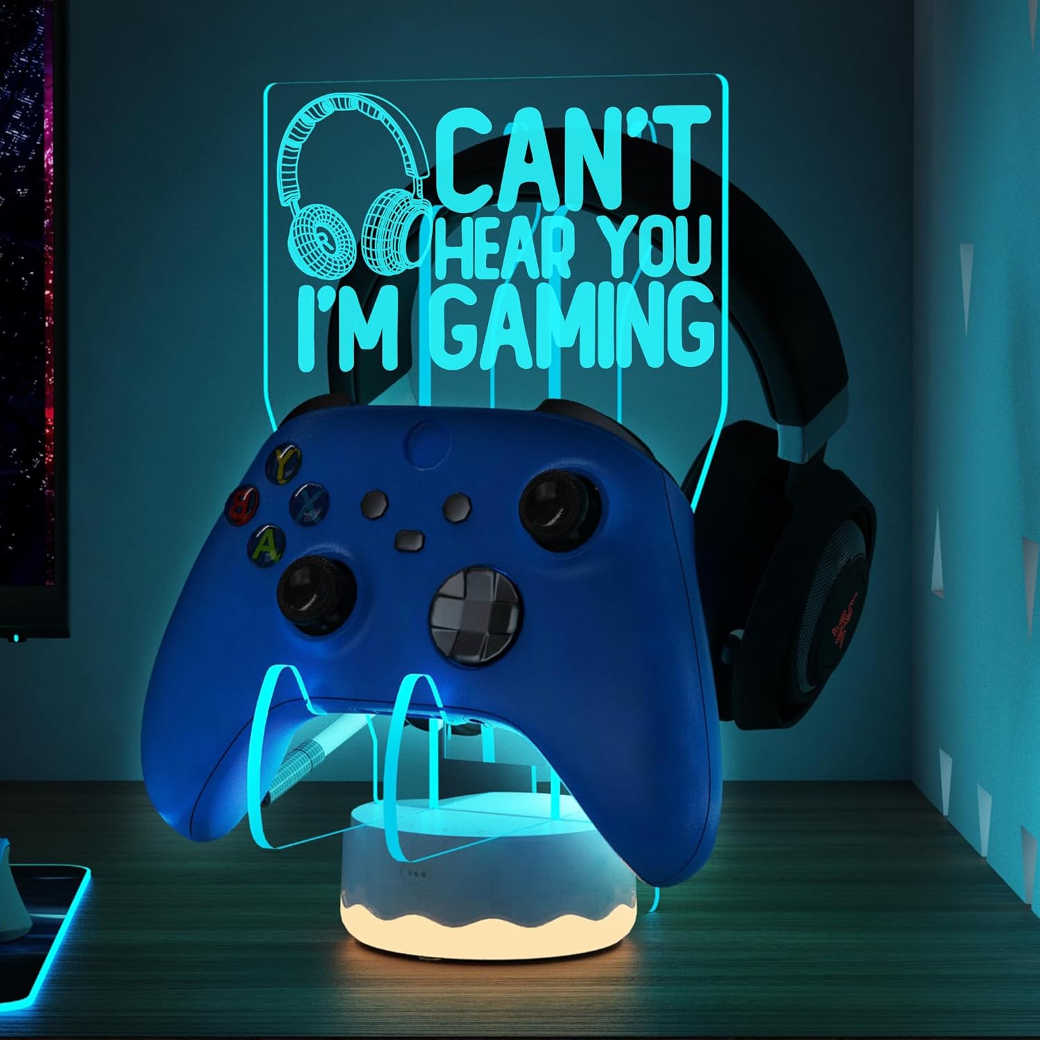 Light Up Headset and Controller Stand, 16 Colors 3D LED Lights Gamepad Headphone Holder with Remote Control, Game Controller Hanger for All Universal Gaming PC Accessories Light Up Headset and Controller Stand, 16 Colors 3D LED Lights Gamepad Headphone Holder with Remote Control, Game Controller Hanger for All Universal Gaming PC Accessories