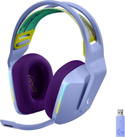 Logitech G733 LIGHTSPEED Wireless Gaming Headset with suspension headband, LIGHTSYNC RGB, Blue VO!CE mic technology and PRO-G audio drivers – Lilac