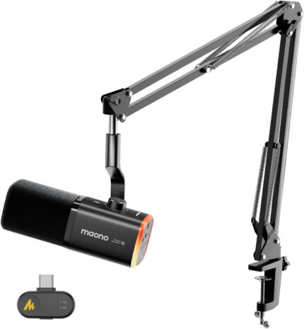 MAONO PD100WS Wireless Gaming Microphone for PC, Dynamic Streaming USB Mic with 3 Level Noise Cancelling,RGB,Mute Button, Software EQ,Computer Boom Mic for Podcast, Vocal Recording, Black