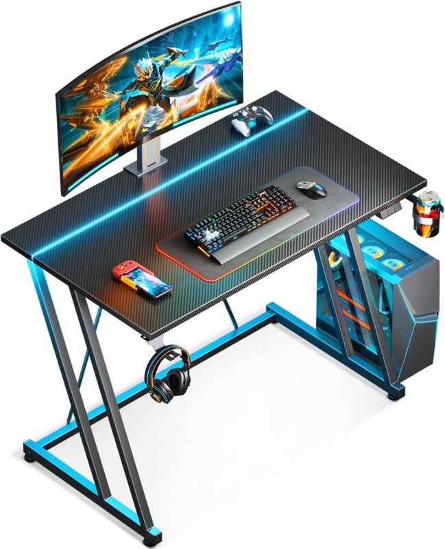 MOTPK 32 Inch Small Gaming Desk with LED Light, Computer Desk for Small Space, Gaming Table with Carbon Fiber Texture, Kids PC Desk Gift for Boys Men, Black