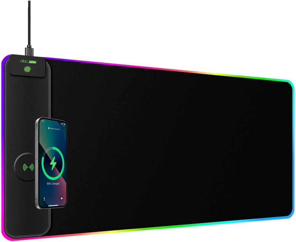 Magnetic Wireless Charging RGB Mouse Pad, 31.5'' x 11.8'' Large LED Gaming Desk Mat, 24 Light Effects, Non-Slip Rubber Base, Waterproof Ultra-Smooth Surface