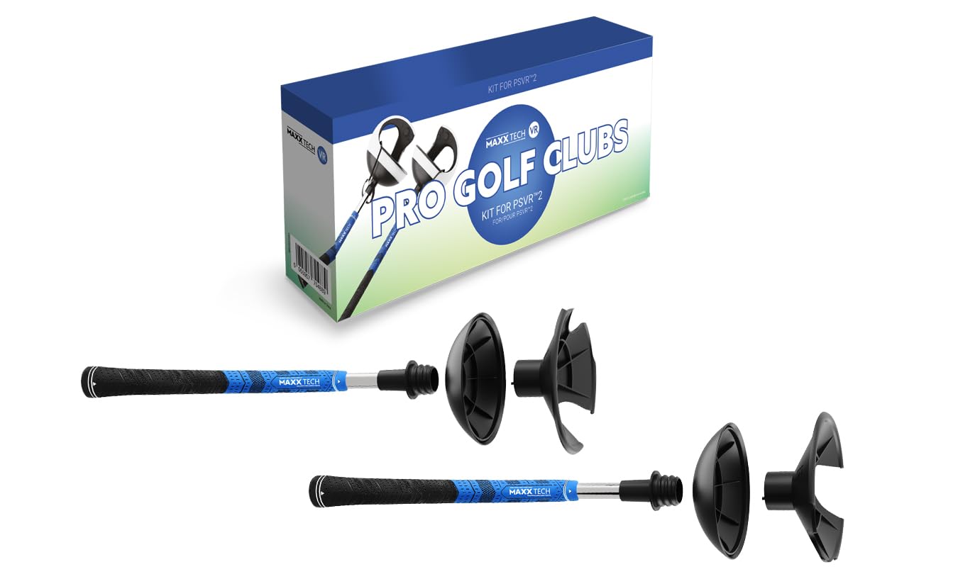 Maxx Tech VR Pro Golf Clubs Kit designed for PlayStation 5 PSVR2 controllers, includes 2 premium quality golf clubs compatible with Golf +, Walkabout Mini Golf and many more Maxx Tech VR Pro Golf Clubs Kit designed for PlayStation 5 PSVR2 controllers, includes 2 premium quality golf clubs compatible with Golf +, Walkabout Mini Golf and many more