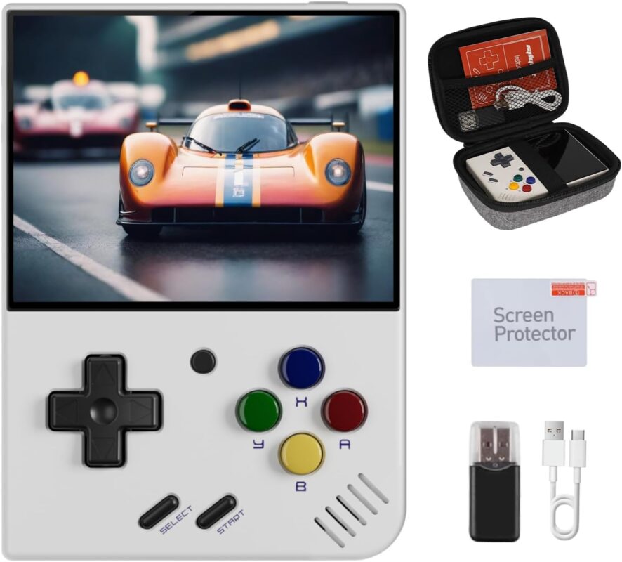 Miyoo Mini Plus, Retro Gaming Console with 64G Memory Card, 3.5-inch IPS Screen, 3000mAH Long Endurance Battery，with Storage Case, Support 10000+ Games (White 64G)