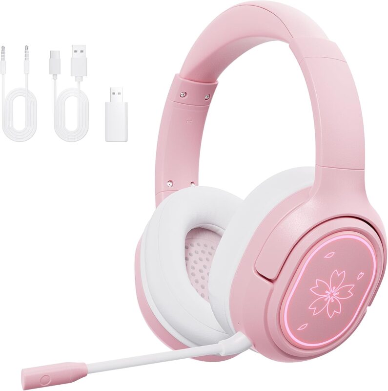 Mytrix Sakura Wireless Gaming Headset for PC, PS4, PS5, Mac, Switch, 50mm Drivers, 2.4GHz & Bluetooth Gaming Headphones with Noise Cancelling Mic, Over Ear Headphones for Xbox with Wired - Pink
